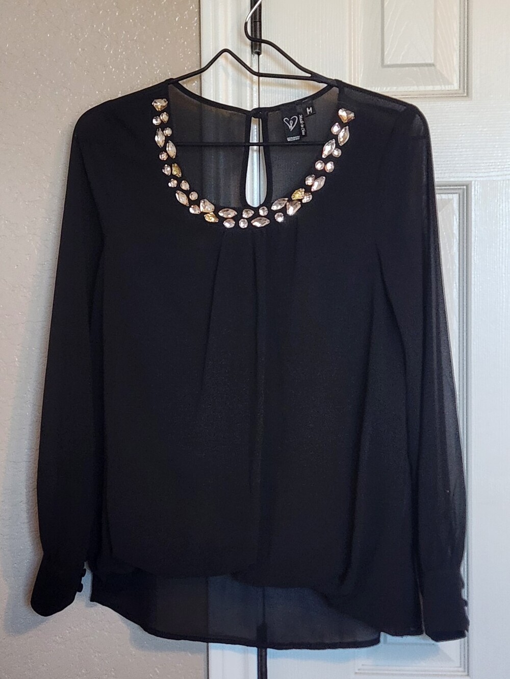 Windsor Black Jeweled Neckline Long-Sleeve Blouse